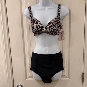 Leopard Print Bikini top and Black High-Waist Brief Set
